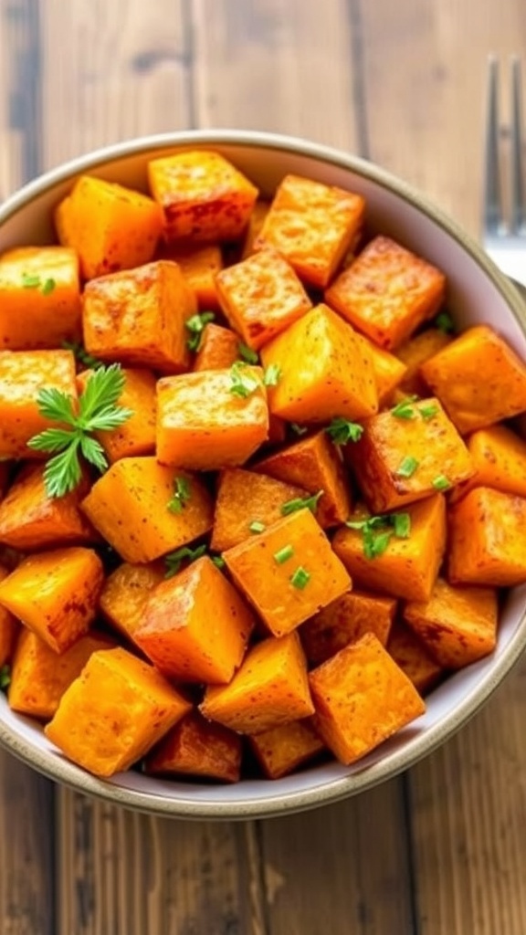 Crispy air fryer sweet potatoes in a bowl, garnished with herbs, on a rustic wooden table.